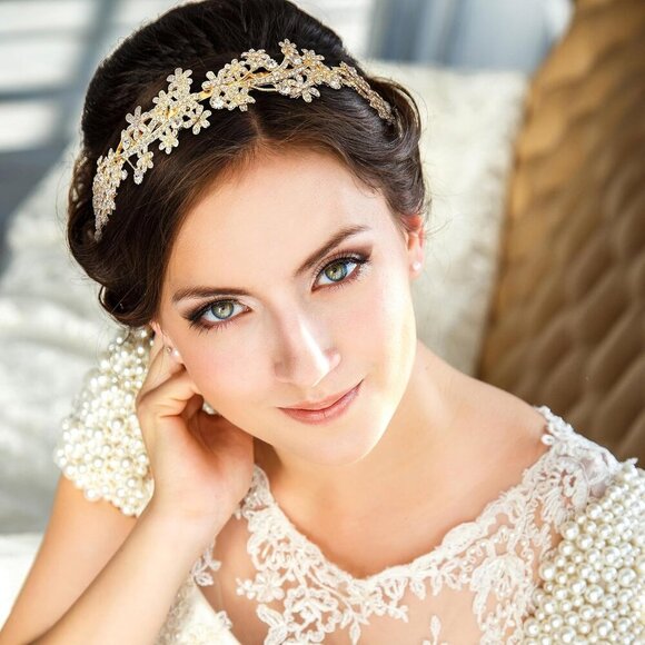 Wedding Headband Crystal Rhinestone Gold Bridal Tiara Flower Hairpiece main image 4
